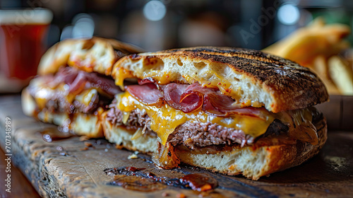 toasted bread corned beef sandwich with melted cheese on rustic wood board 