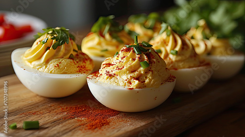 two rows of deviled eggs with paprika and garnish  photo