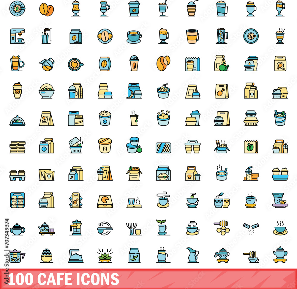 100 cafe icons set. Color line set of cafe vector icons thin line color flat on white 100 cafe icons set. Color line set of cafe vector icons thin line color flat on white