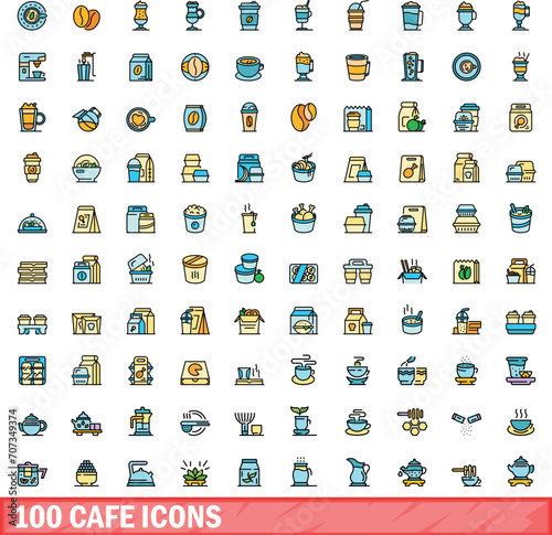 100 cafe icons set. Color line set of cafe vector icons thin line color flat on white