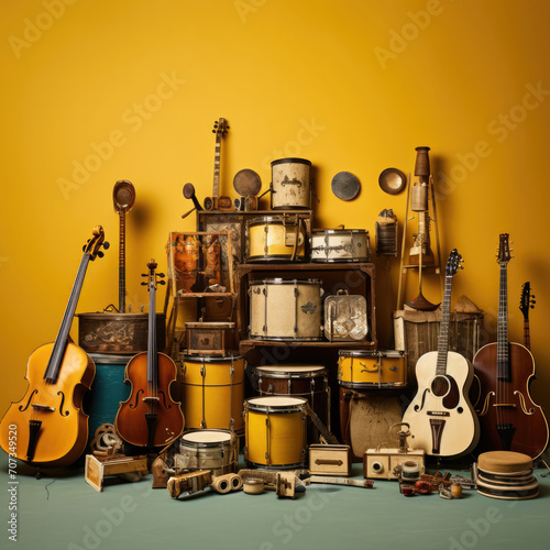 A multitude of different musical instruments gathered together forms a small orchestra on yellow background  generative AI