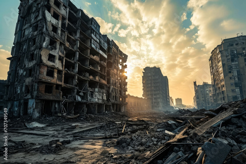 Sun Setting on a Devastated Cityscape After Rocket Attack