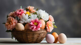 Charming composition of wicker basket, pastel-colored eggs and vibrant mix of spring flowers, pink dahlias, white chrysanthemums, against grey background, Easter spring basket with floral decoration