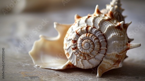  a close up of a sea shell on a gray surface with only the shell facing the viewer and the shell facing the viewer, with only the shell facing left side of the shell. photo