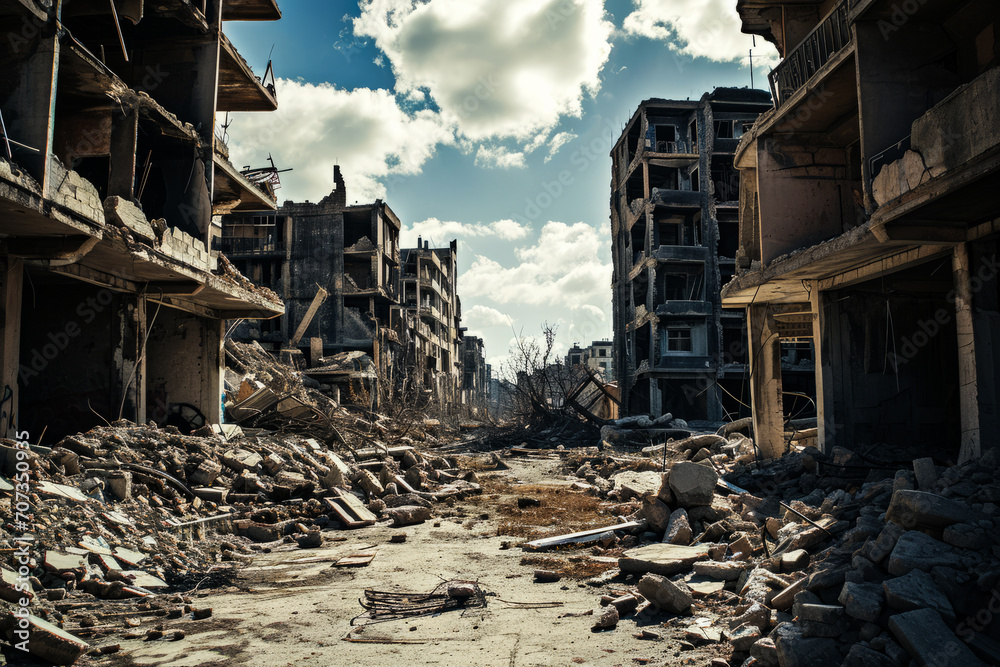 Cluster of Buildings Standing in a Destroyed City After Rocket Attack Cluster of Buildings Standing in a Destroyed City After Rocket Attack