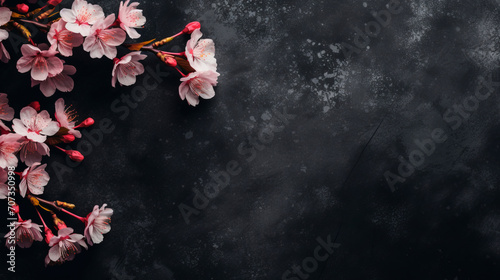 Blooming sakura branch on a dark background. Banner with a place for text, greeting card.