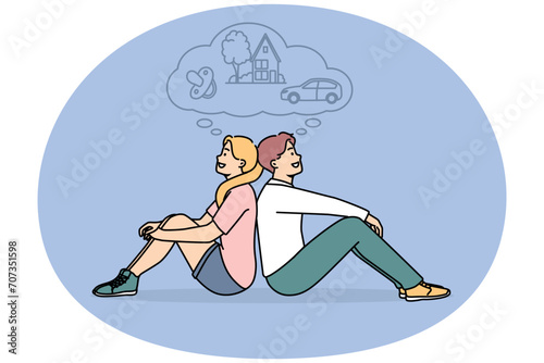 Happy dreamy couple imagine bright future together. Smiling man and woman dream of shared life, make plans for motherhood, realty and car. Family planning. Vector illustration.