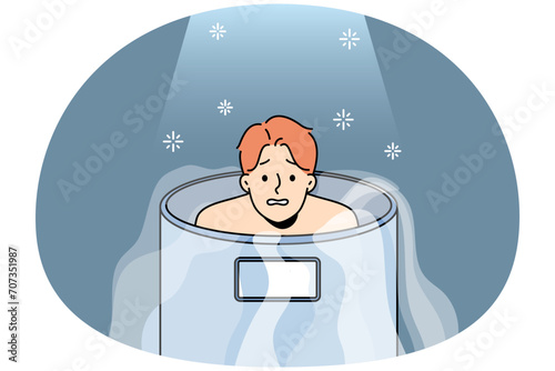 Unhappy man in reservoir undergo cryotherapy procedure in clinic or spa. Dissatisfied male client having whole body treatment in cryosauna. Healthcare. Vector illustration.