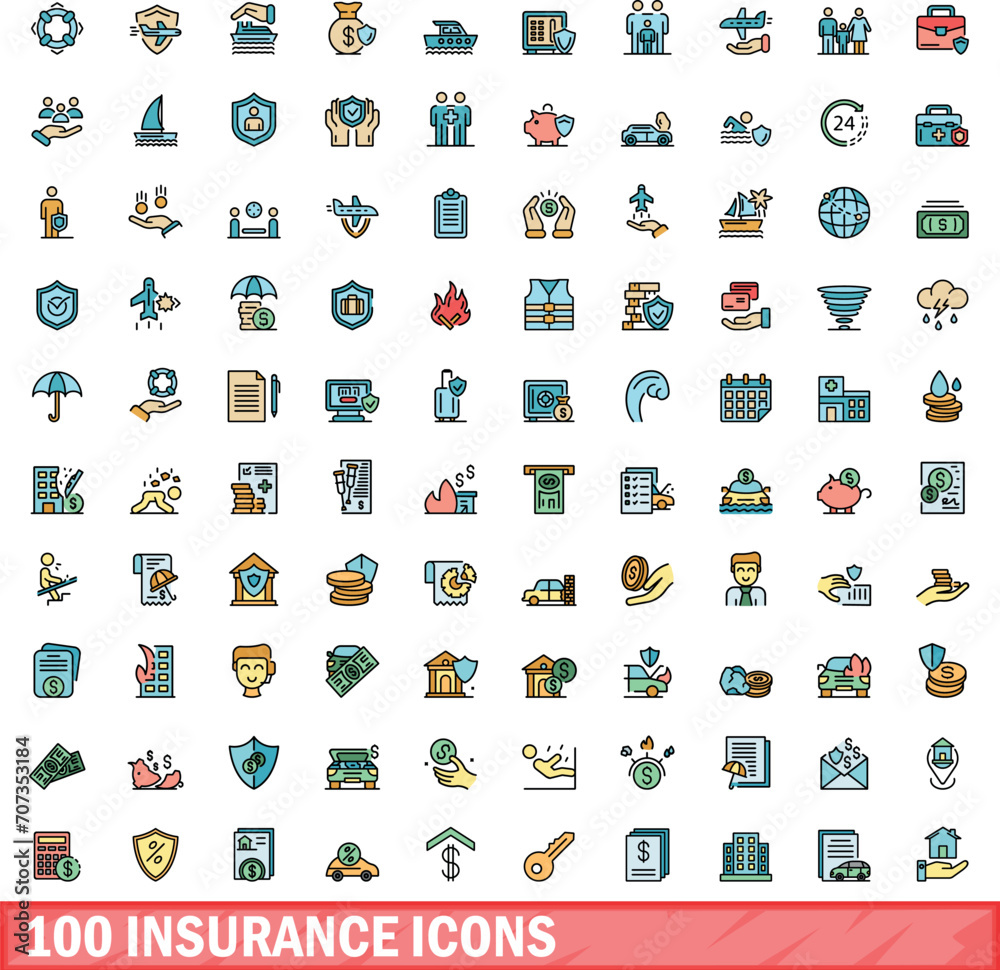 100 insurance icons set. Color line set of insurance vector icons thin line color flat on white 100 insurance icons set. Color line set of insurance vector icons thin line color flat on white