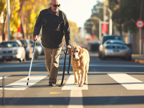 A guide dog of the Labrador Retriever breed helps a blind man on the street in the city