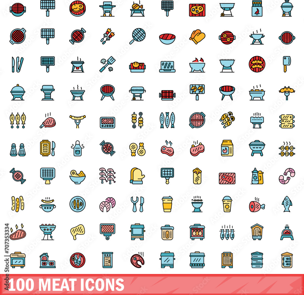Naklejka premium 100 meat icons set. Color line set of meat vector icons thin line color flat on white