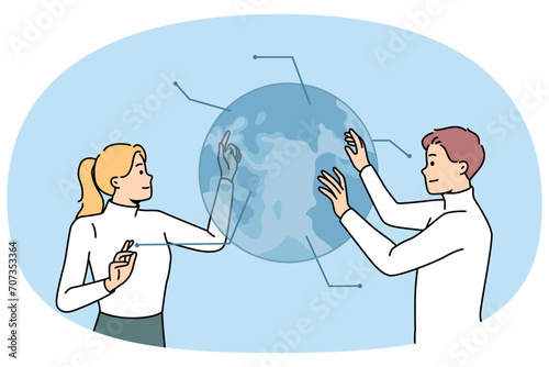 Businesspeople touch planet Earth hologram cooperating in modern office together. Colleagues collaborate with globe digital reconstruction. Technology. Vector illustration.