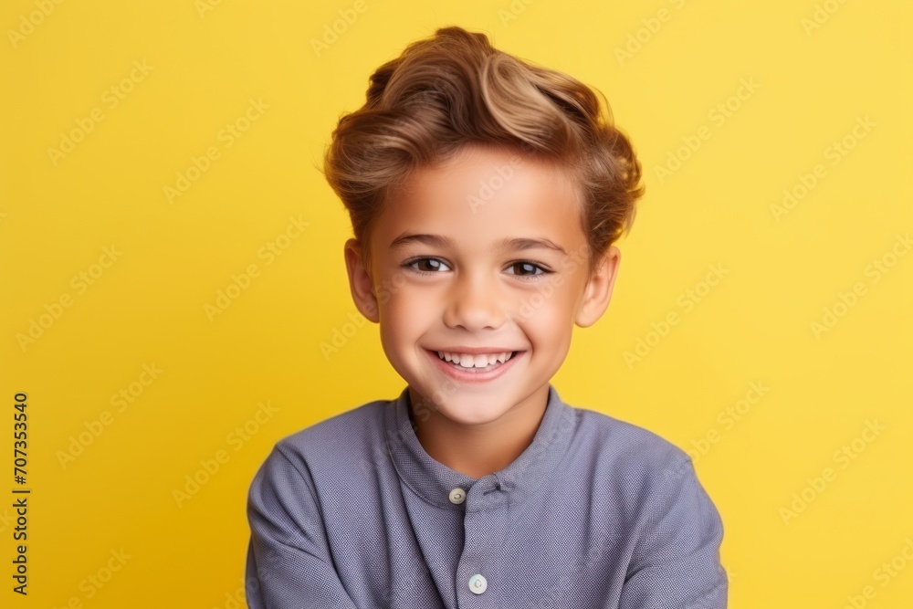 Portrait of a cute little boy looking at camera and smiling over yellow background Portrait of a cute little boy looking at camera and smiling over yellow background