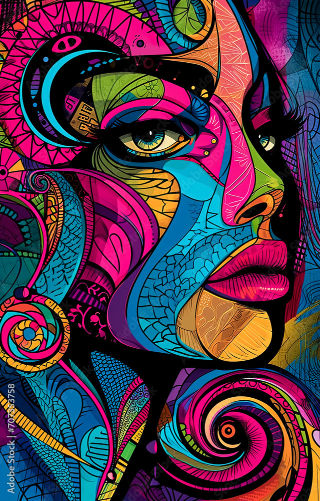 Abstract woman face Illustrated, in colorful Mandala pattern, cubism art, Maori Art 