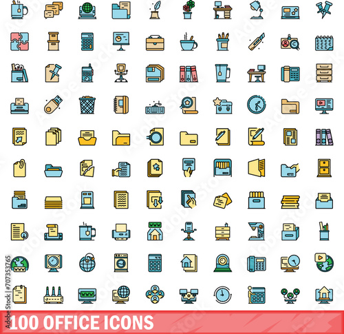 100 office icons set. Color line set of office vector icons thin line color flat on white