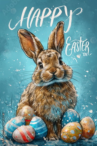 easter poster. egg, rabbit, candy. AI generative