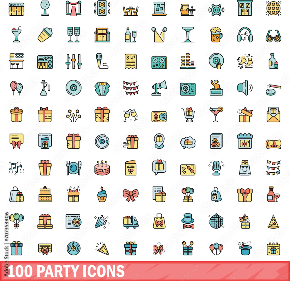 100 party icons set. Color line set of party vector icons thin line color flat on white 100 party icons set. Color line set of party vector icons thin line color flat on white