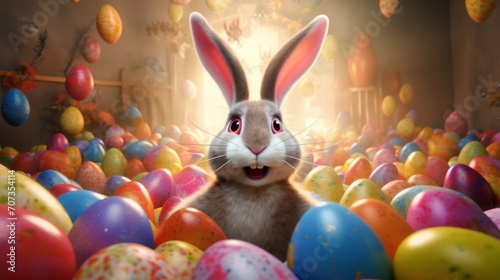 Joyful Easter bunny with a backdrop of colorful eggs. Festive rabbit. Use for Easter holiday promotions and themed seasonal advertising. For greeting card, invitation. postcard, poster, web design