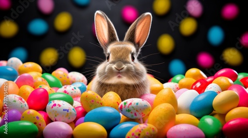 Easter bunny surrounded by many colorful brightly painted eggs. Festive Rabbit. For greeting card, invitation, postcard, poster, web design. Ideal for Easter celebrations. Dark background