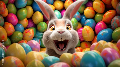 A very cheerful Easter bunny surrounded by many colorful brightly painted eggs. Festive Rabbit. For greeting card, invitation, postcard, poster, web design. Ideal for Easter celebrations.