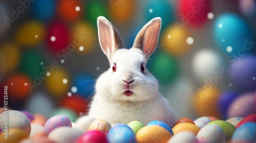 White rabbit with a surprised expression among colorful Easter eggs. Ideal for holiday-themed promotions and spring event decorations. Easter bunny