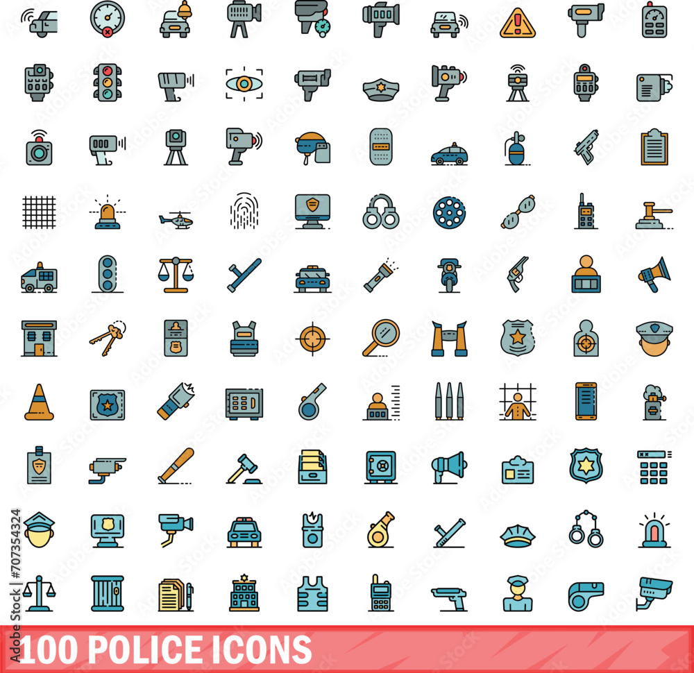 100 police icons set. Color line set of police vector icons thin line color flat on white 100 police icons set. Color line set of police vector icons thin line color flat on white