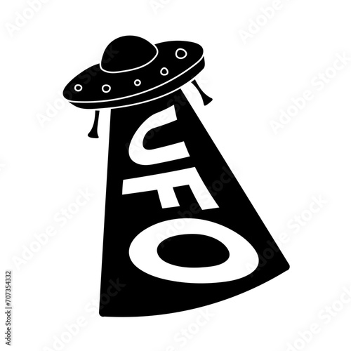 Silhouette of Flying Saucer with word UFO in light. Text theft. Flight of unidentified object. Alien spaceship. Levitation. Invasion. Black white image. Isolated space transport. Vector illustration.