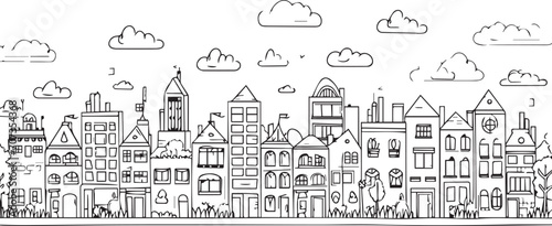 City landscape. Line urban backdrop. Skyline with clouds, different buildings on street, doodle street draw, outline cityscape hand sketch, flat houses. Hand drawn vector illustration © Михаил Н