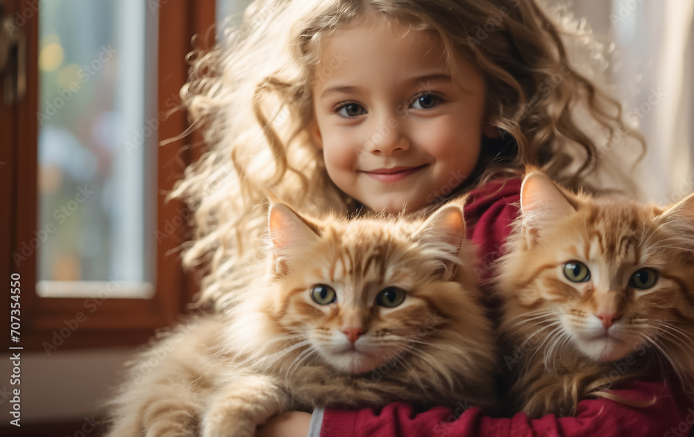 Little girl with cute cat at home portrait fun