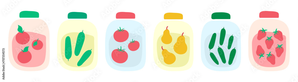 Set of home-canned food - vegetables, fruits, berries. Harvesting for winter. Pickled cucumbers, tomatoes. Compote of pears, apples, strawberries. Natural food. Hand-made. Flat Vector illustration. Set of home-canned food - vegetables, fruits, berries. Harvesting for winter. Pickled cucumbers, tomatoes. Compote of pears, apples, strawberries. Natural food. Hand-made. Flat Vector illustration.