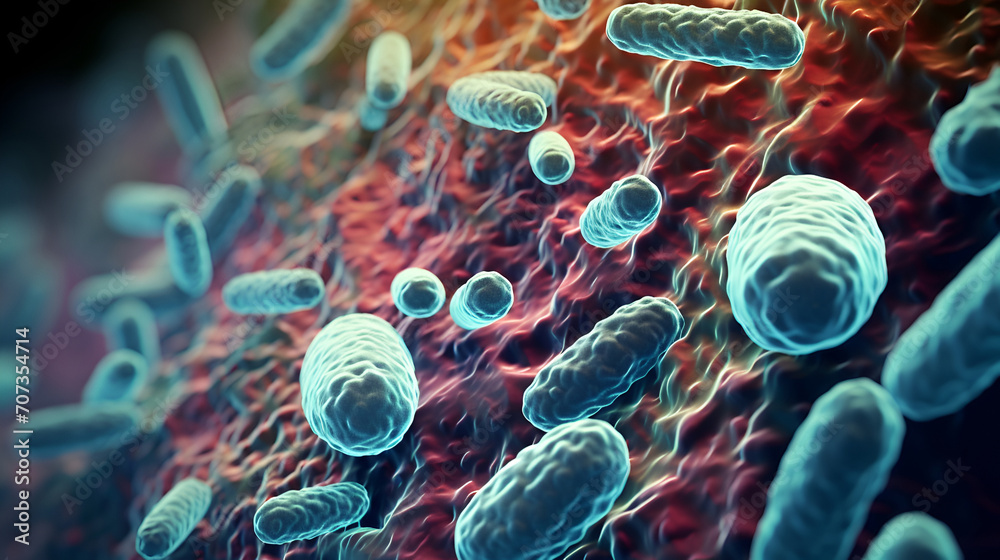 Macro increase in microscopic blue pathogenic bacteria, E. coli on the walls of the intestine. food poisoning. 3d rendering - obrazy, fototapety, plakaty 