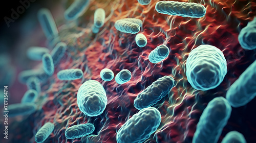 Macro increase in microscopic blue pathogenic bacteria, E. coli on the walls of the intestine. food poisoning. 3d rendering photo