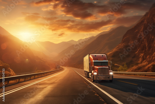 Truck or lorry driving on the road in the mountains in the rays of the setting sun, beautiful evening landscape