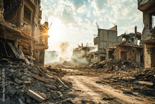 Devastated Cityscape, Rubble-Filled Streets and Buildings Surround a Dirt Road