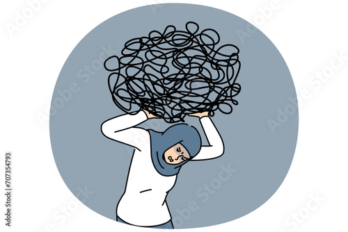 Unhappy Arabic businesswoman carrying on shoulder heavy messy load suffer from work difficulties and crisis. Distressed arab female employee with burden on back. Vector illustration.