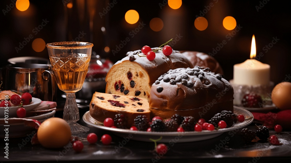 Fruit Panettone and a glass of wine on a table Generative AI