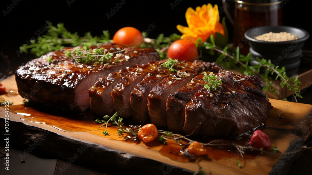 A large, juicy piece of meat sits invitingly on a rustic wooden cutting board. Gererative AI A large, juicy piece of meat sits invitingly on a rustic wooden cutting board. Gererative AI