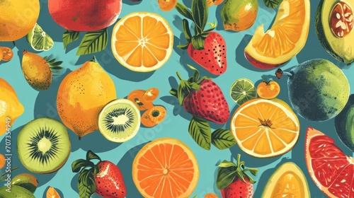  a painting of a bunch of fruit on a blue background with oranges, kiwis, strawberries, apples, lemons, and oranges on it.