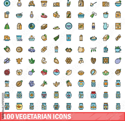 100 vegetarian icons set. Color line set of vegetarian vector icons thin line color flat on white