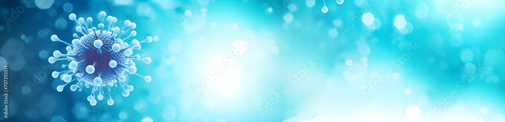 Long banner, Blue virus with spikes on an abstract blue background with copy space. Influenza virus, coronavirus new strain Omicron and covid-19. Promotional medical banner Microbiology and virology. Long banner, Blue virus with spikes on an abstract blue background with copy space. Influenza virus, coronavirus new strain Omicron and covid-19. Promotional medical banner Microbiology and virology.