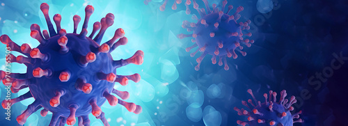 Violet hiv virus banner with red spikes on abstract blue background with copy space. Immunodeficiency virus, AIDS medical laboratory research, Microbiology and virology.