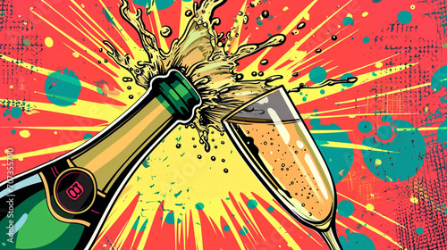 Wow pop art. Champagne. Vector colorful background in pop art retro comic style.