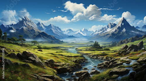 Captivating Serenity: Exploring Majestic Landscapes and Glistening Waters in Enchanting Mountainous Regions, generative AI