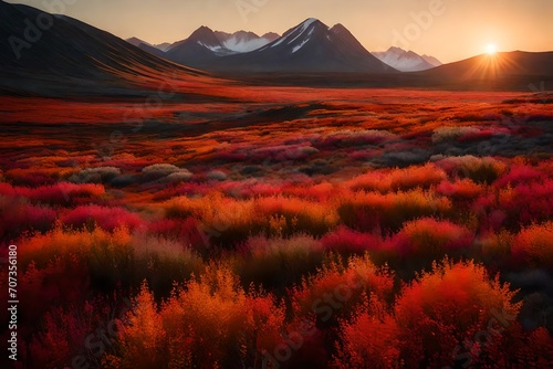 A mountain surrounded by a carpet of colorful tundra in autumn