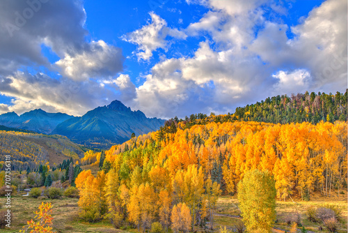 Mount Sneffels at doawn with fall colored aspens