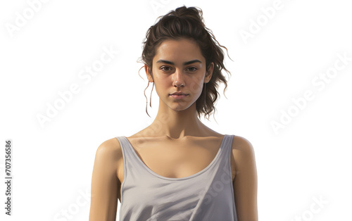 Portrait of lady wearing a tank top isolated on white background.