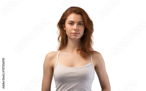 Portrait of lady wearing a tank top isolated on white background.