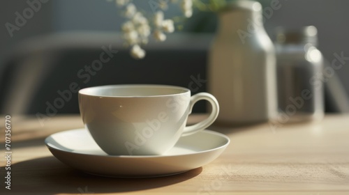  a coffee cup and saucer sitting on a table with a vase of flowers in the back ground and a vase of baby's breath flowers in the background.
