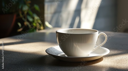  a white cup sitting on top of a saucer on top of a table next to a potted plant on top of a window sill next to a window.