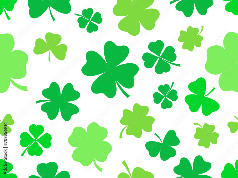 Seamless pattern with green clover leaves on a white. Festive background for Saint Patrick's Day. Green clover leaves for good luck. Design for print, postcards and printing. Vector illustration Seamless pattern with green clover leaves on a white. Festive background for Saint Patrick's Day. Green clover leaves for good luck. Design for print, postcards and printing. Vector illustration